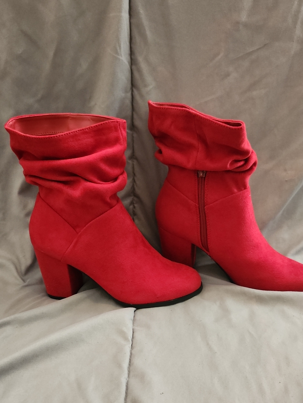 Material Girl Red Slouchy Block Heel Ankle Boots